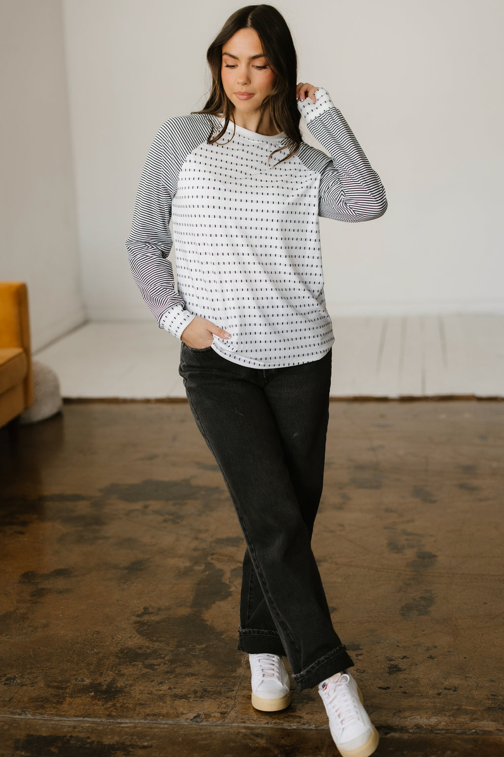 Black Stripe Raglan Patchwork Long Sleeve Tee