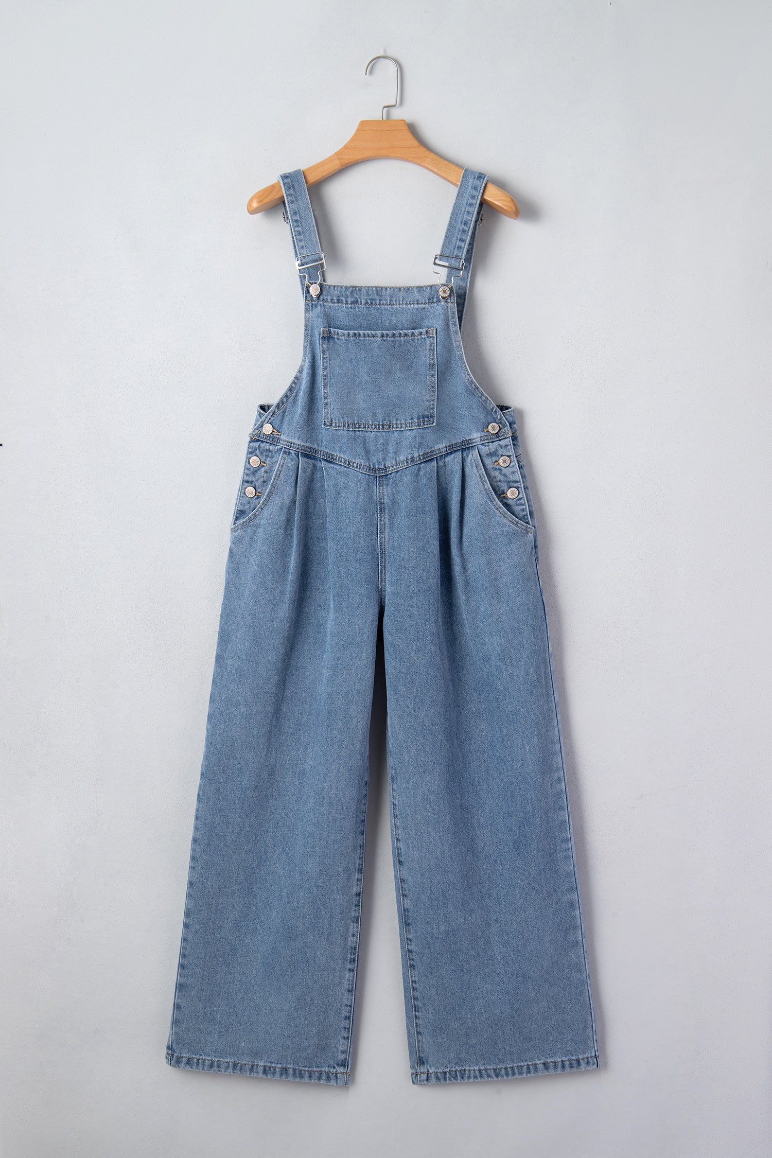 Dusk Blue Pleated Wide Leg Retro Pocketed Denim Jumpsuit