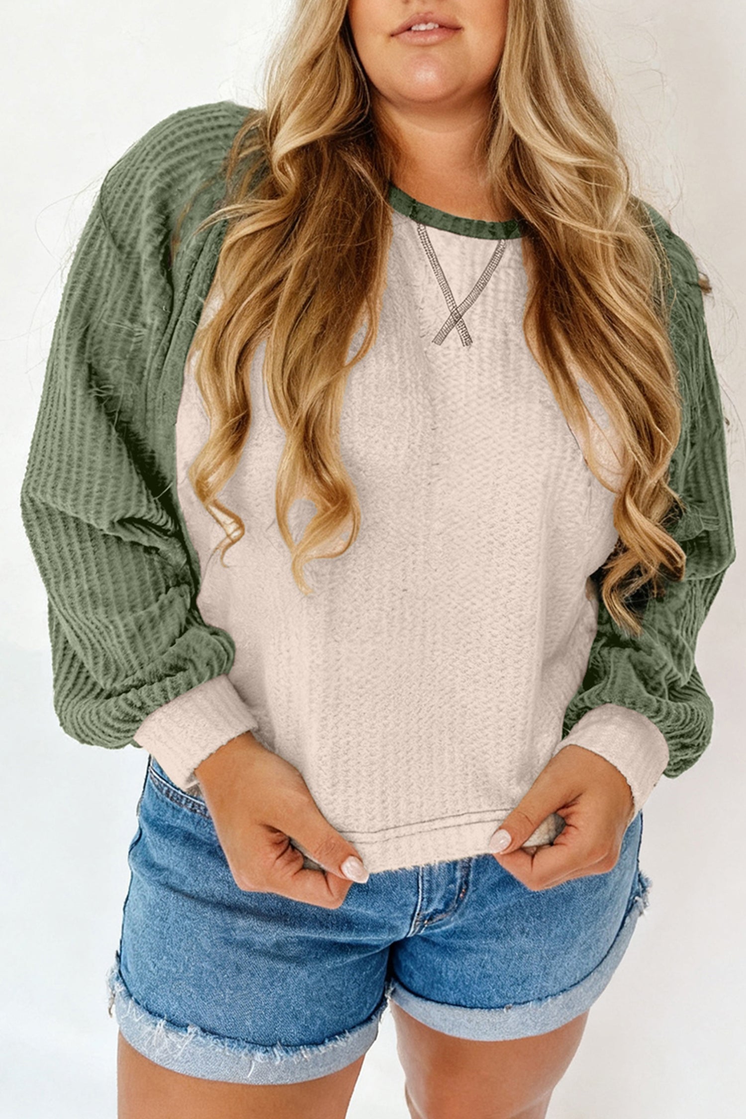Mist Green Plus Size Waffled Color Block Long Sleeve Top