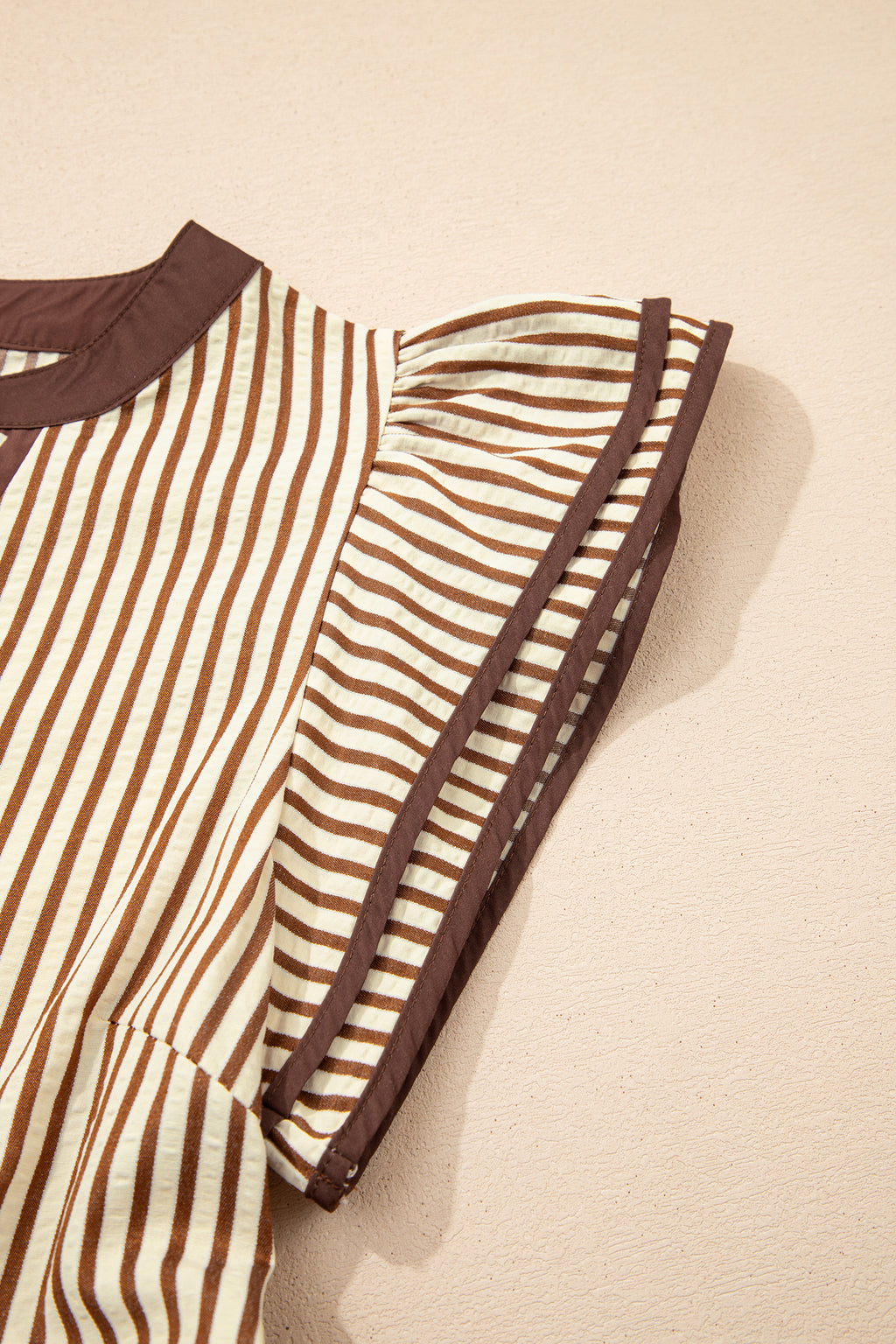 Brown Stripe Double Ruffled Short Sleeve Contrast Trim V Neck Midi Dress