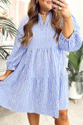 Sky Blue Stripe Seersucker Textured Notched Neck Long Puff Sleeve Tiered Curvy Dress