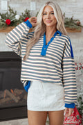 Blue Stripe Buttoned V Neck Collared Drop Shoulder Top