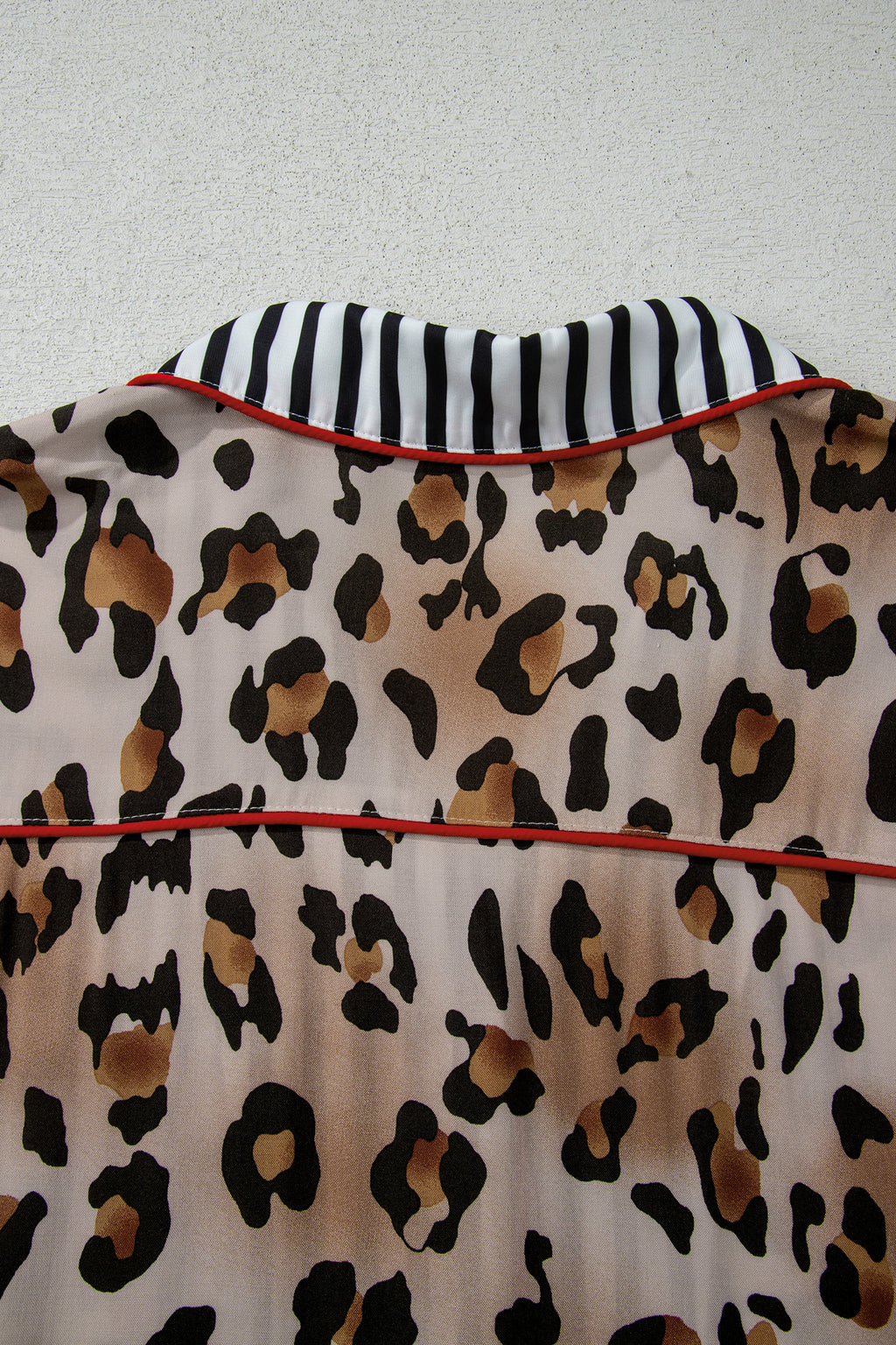 Khaki Plus Leopard Print Contrast Piping Striped Patchwork 2pcs Long Pajama Set