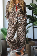 Khaki Plus Leopard Print Contrast Piping Striped Patchwork 2pcs Long Pajama Set