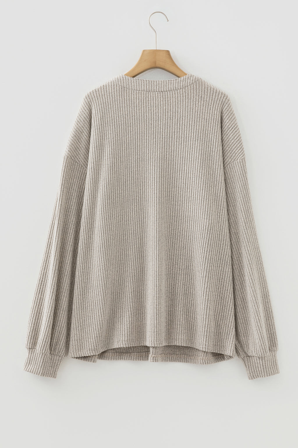 Simply Taupe Plus Size Ribbed Knit Kangaroo Pocket Henley Long Sleeve Top