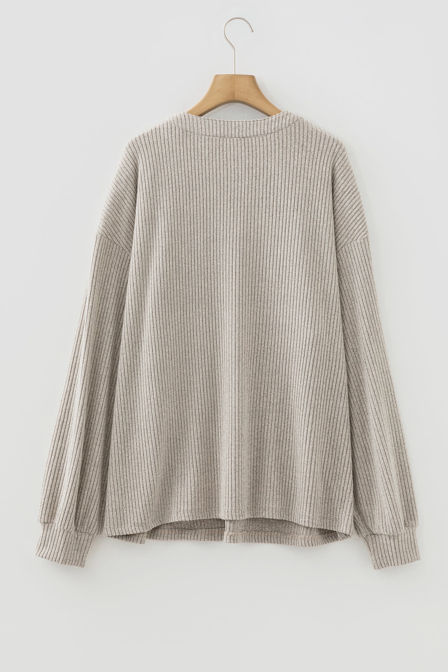 Simply Taupe Plus Size Ribbed Knit Kangaroo Pocket Henley Long Sleeve Top