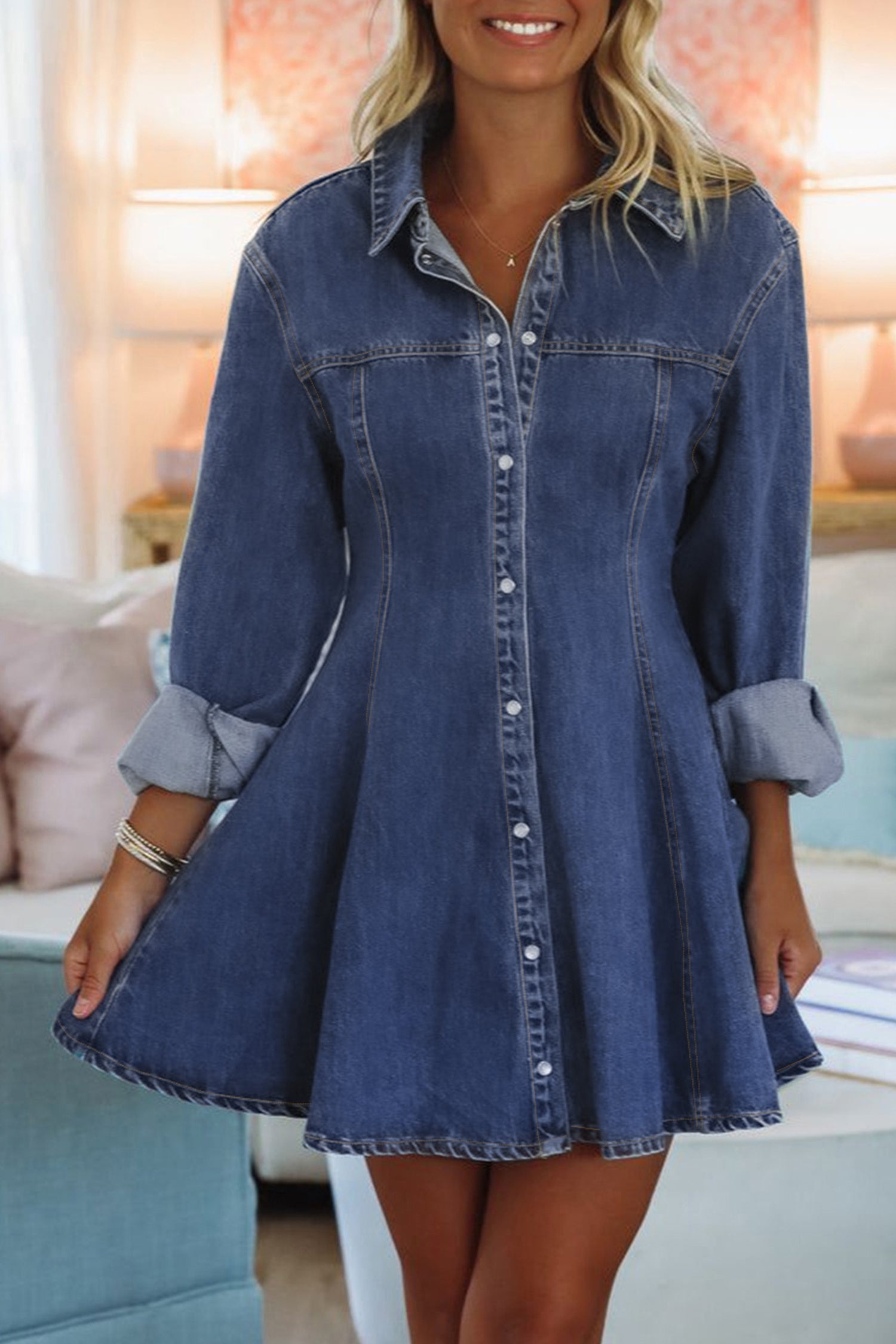 Ashleigh Blue Denim Shirt Collar Long Sleeve Flared Mini Dress
