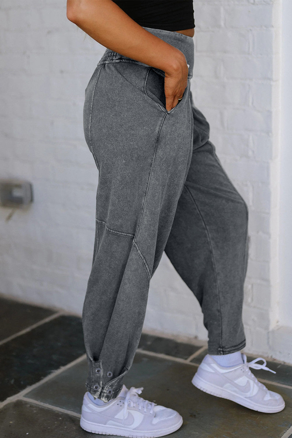 Medium Grey Mineral Wash Jogger Style High Waist Casual Pants