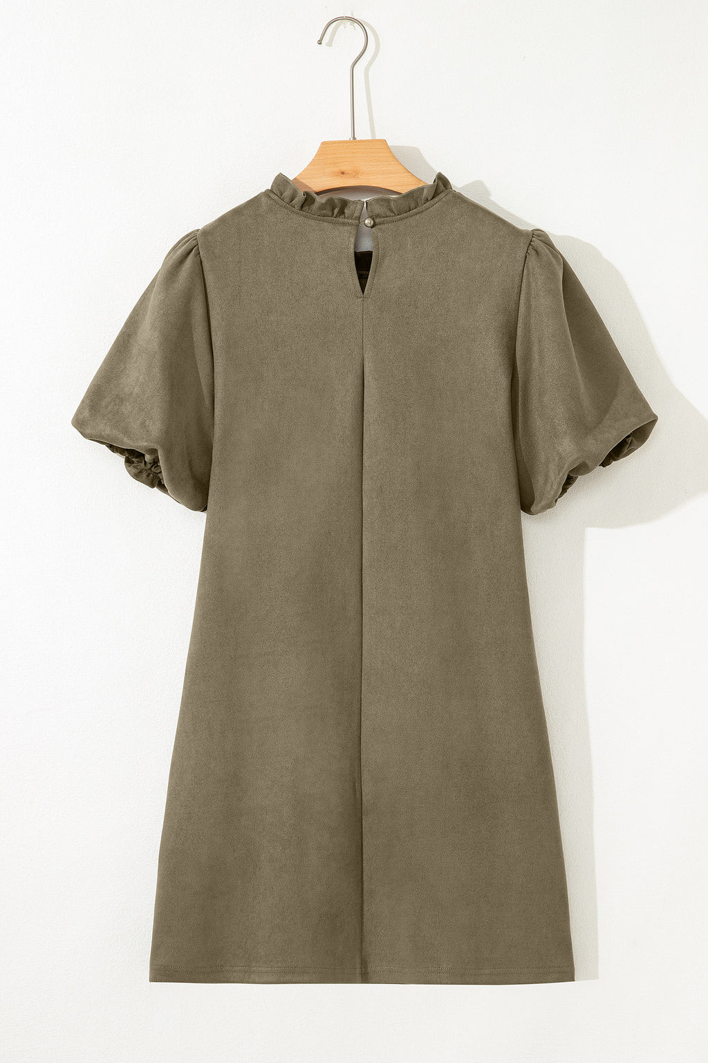 Moss Green Frilled Round Neck Short Puff Sleeve Shift Mini Dress