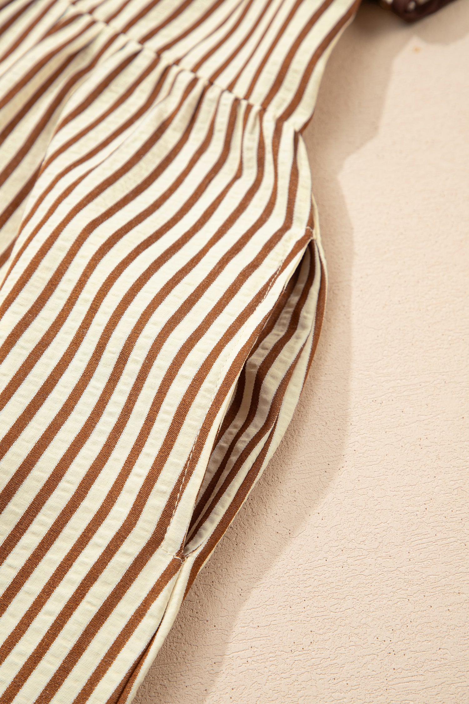 Brown Stripe Double Ruffled Short Sleeve Contrast Trim V Neck Midi Dress