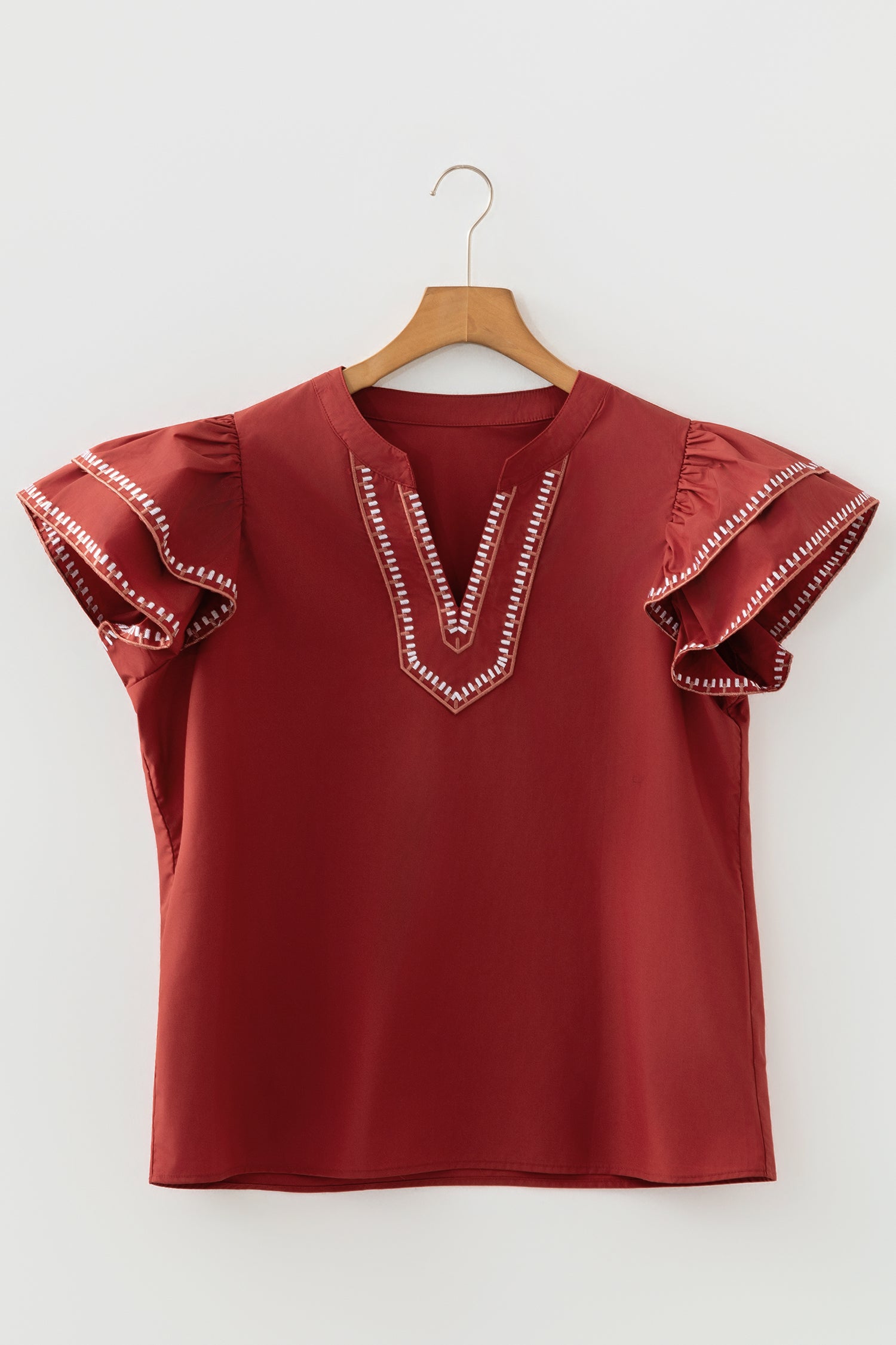 Clay Contrast Trim Flutter Sleeve V Neck Blouse