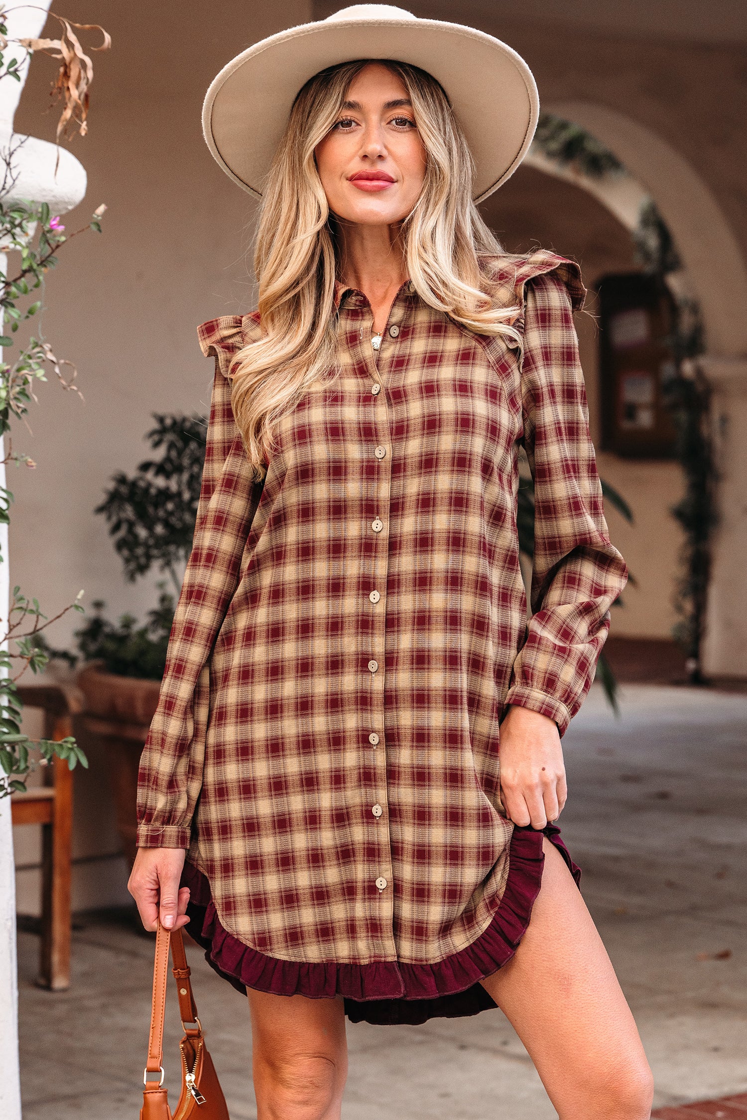 Red Plaid Print Ruffled Long Sleeve Patchwork Hem Mini Shirt Dress