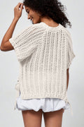 White Plus Size Open Knit Bow Tie Short Sleeve Sweater