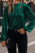 Evergreen Asymmetric Button Keyhole Neck Long Sleeve Velvet Blouse