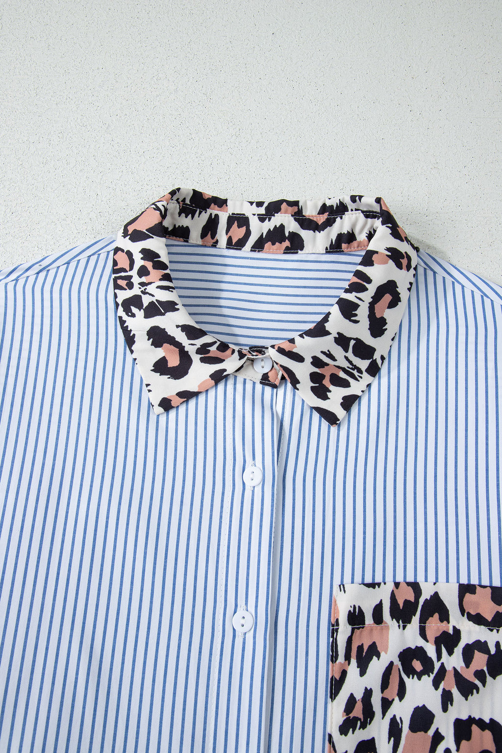 Sky Blue Stripe Colorblock Leopard Patchwork Chest Pocket Cuffed Sleeve Shirt