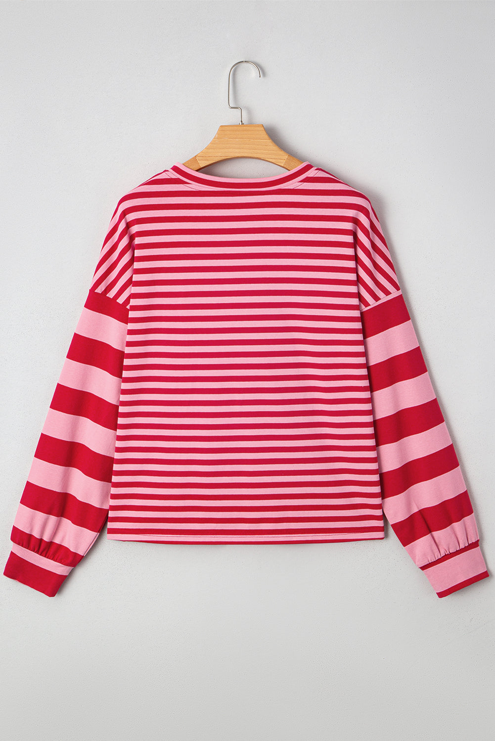 Strawberry Pink Mix Striped Drop Shoulder Patchwork Sleeve V Neck Pullover