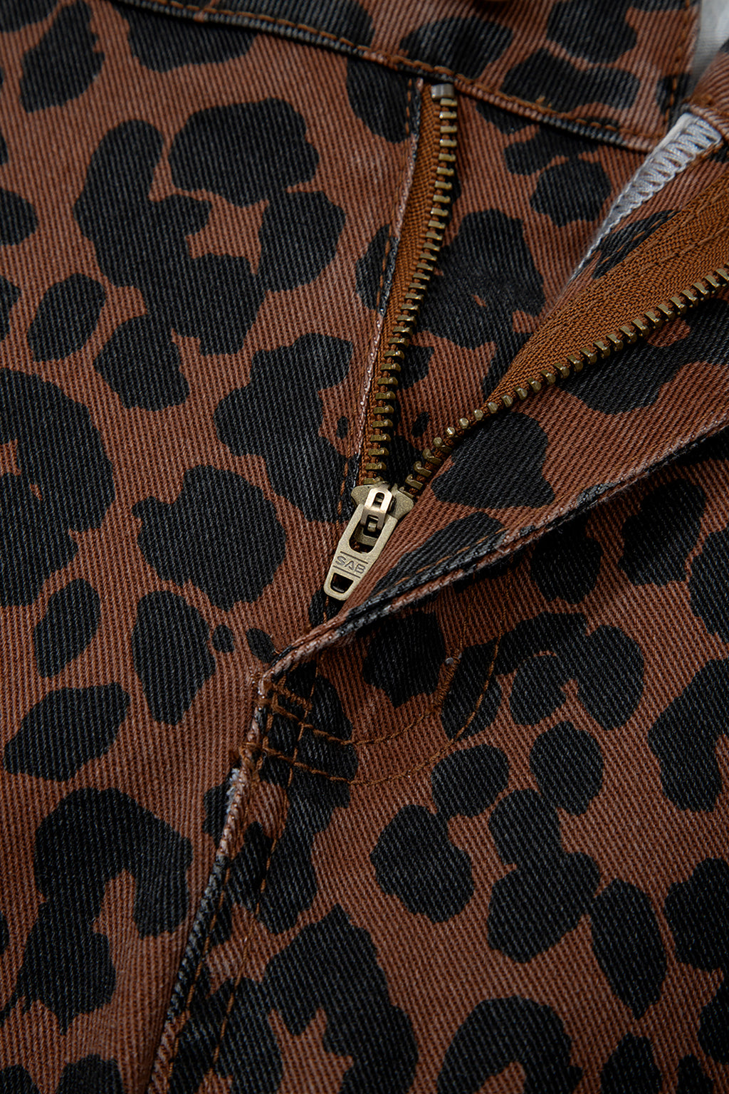 Brown Clear Seam Detail Patchwork Leopard Print Jeans