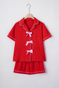 Fiery Red Contrast Trim Ribbon Bow Short Silky 2pcs Pajama Set