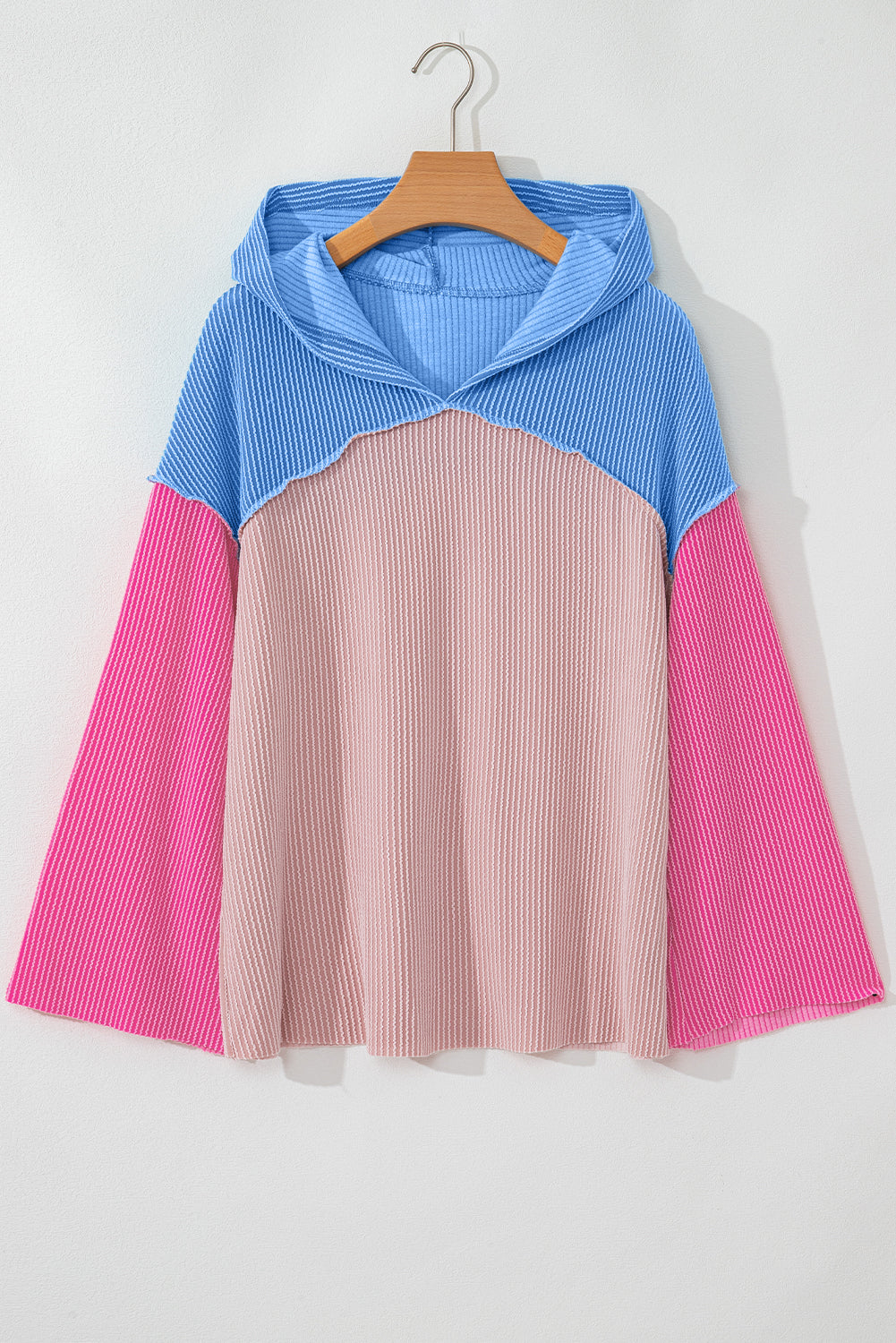 Pink Color Block Patchwork Corded Knit Loose Fit Hooded Blouse