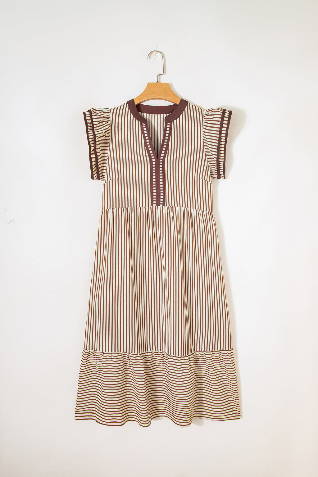 Brown Stripe Double Ruffled Short Sleeve Contrast Trim V Neck Midi Dress