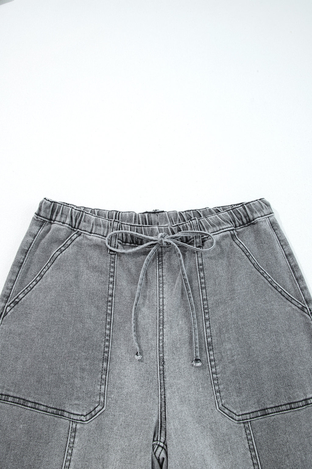 Gray Drawstring Seam Detail Raw Hem Wide Leg Denim Pants