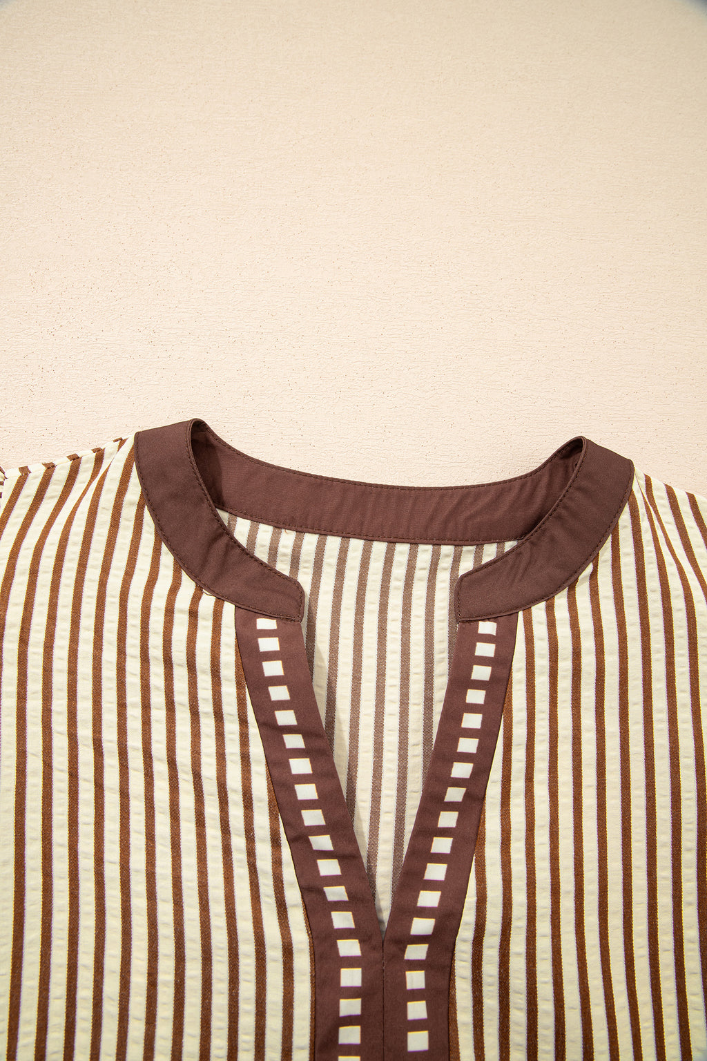 Brown Stripe Double Ruffled Short Sleeve Contrast Trim V Neck Midi Dress