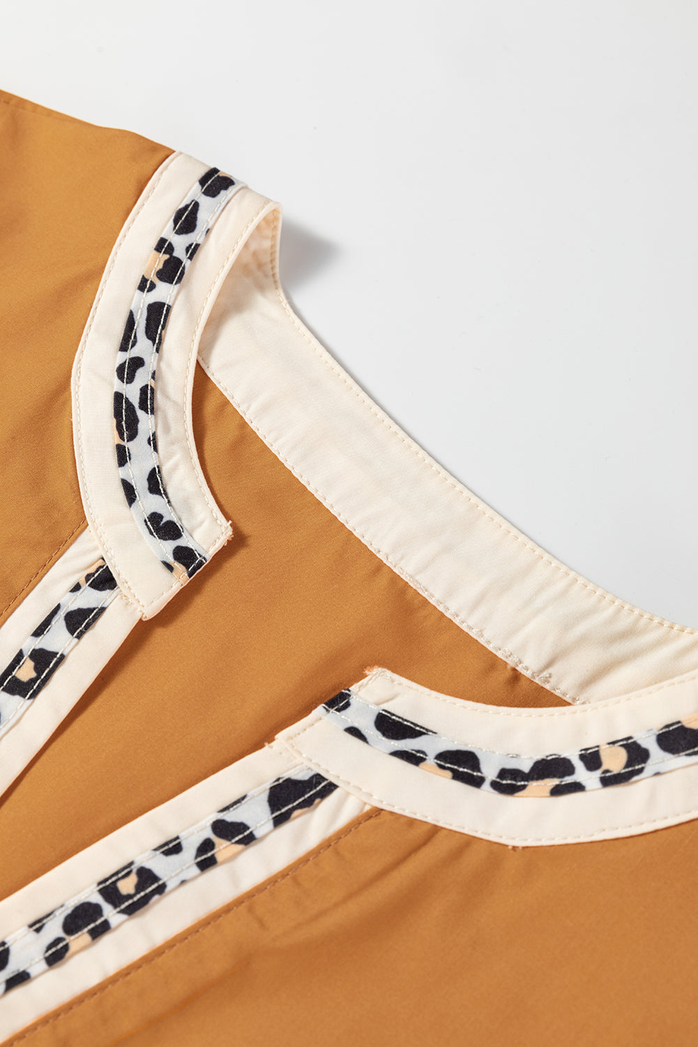 Buckskin Contrast Leopard Trim Split Neck Puff Sleeve Blouse