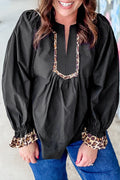 Black Plus Size Split Neck Leopard Trim Flounced Long Sleeve Blouse
