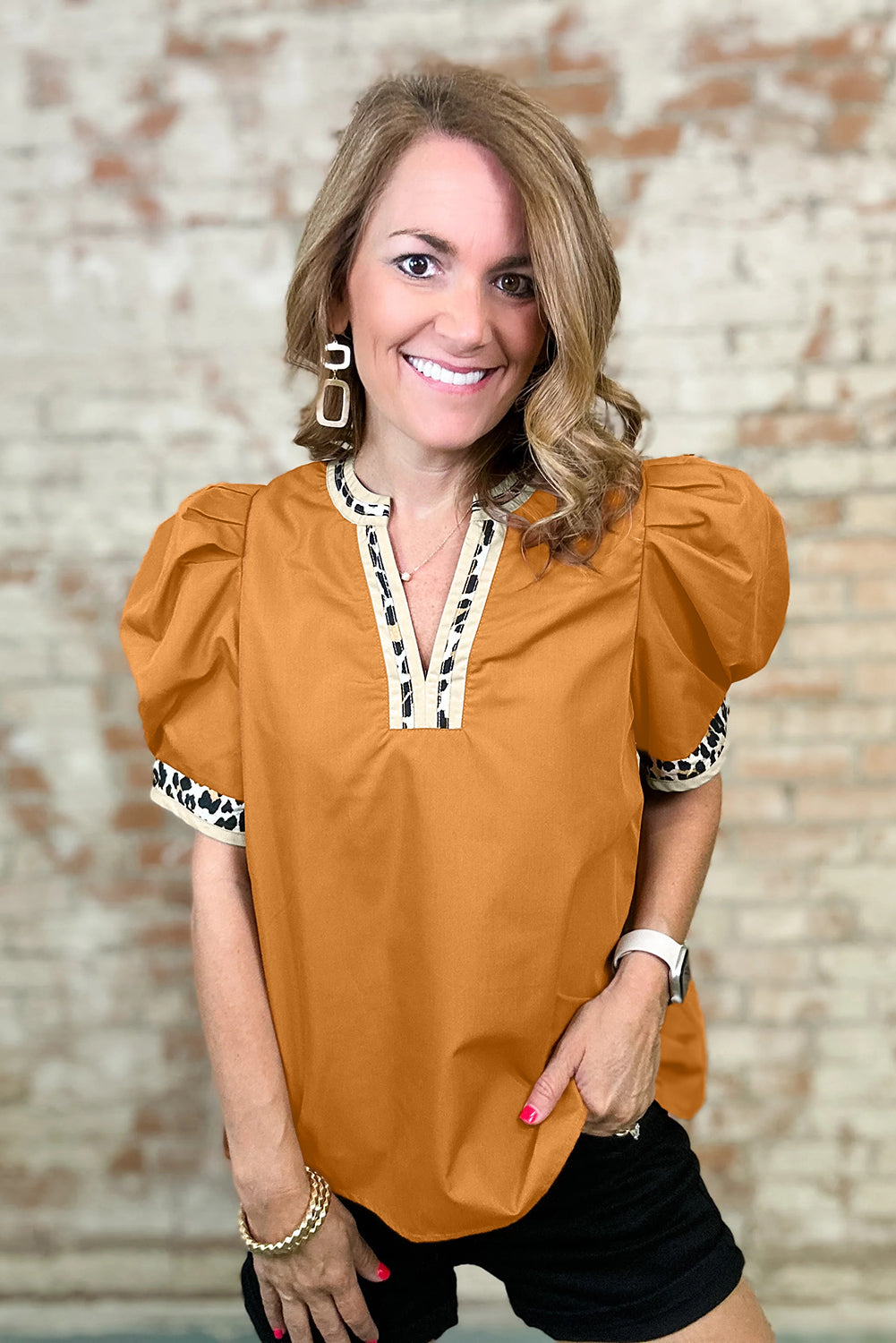 Buckskin Contrast Leopard Trim Split Neck Puff Sleeve Blouse