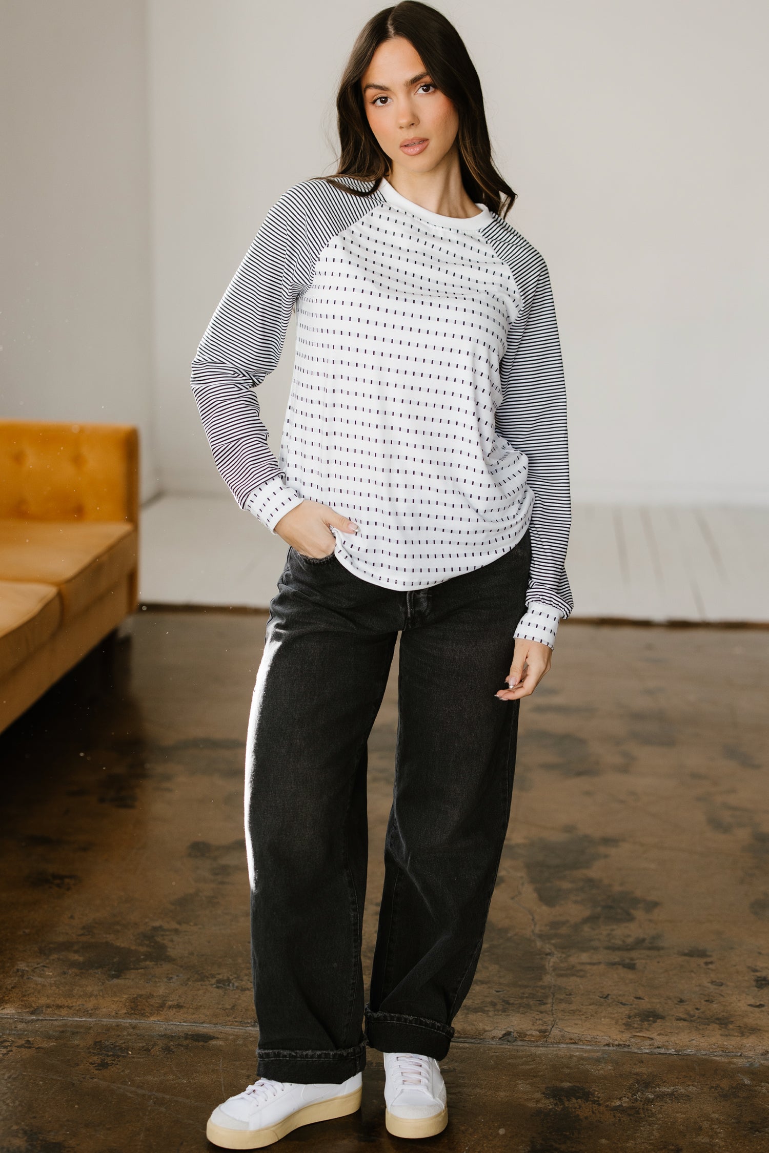 Black Stripe Raglan Patchwork Long Sleeve Tee