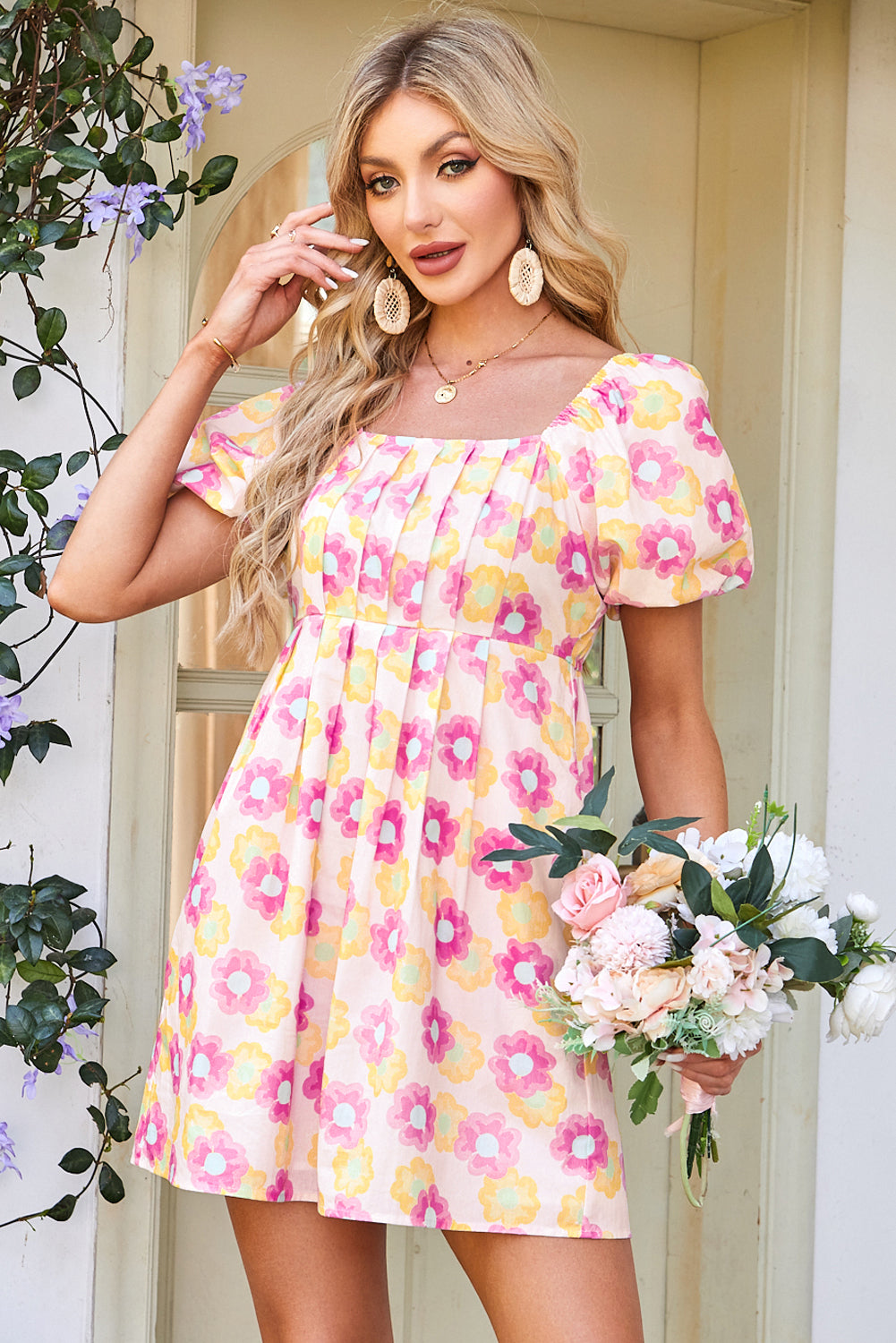 Rose Vibrant Floral Square Neck Puff Sleeve Pleated Flared Midi Dress