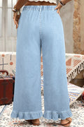 Beau Blue Plus Size Elastic Waist Ruffled Wide Leg Denim Pants