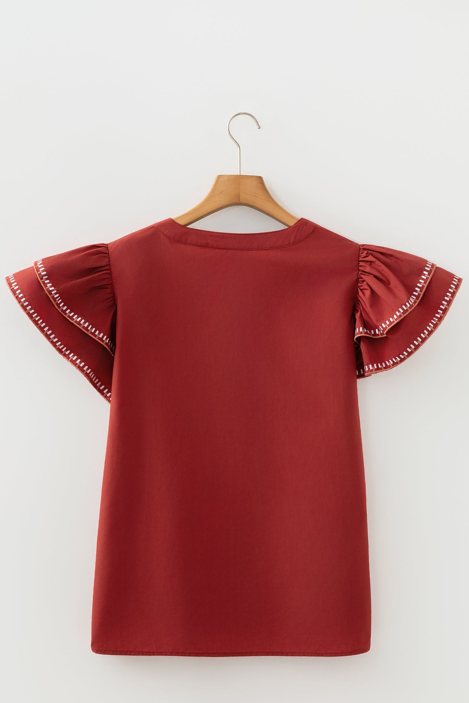 Clay Contrast Trim Flutter Sleeve V Neck Blouse
