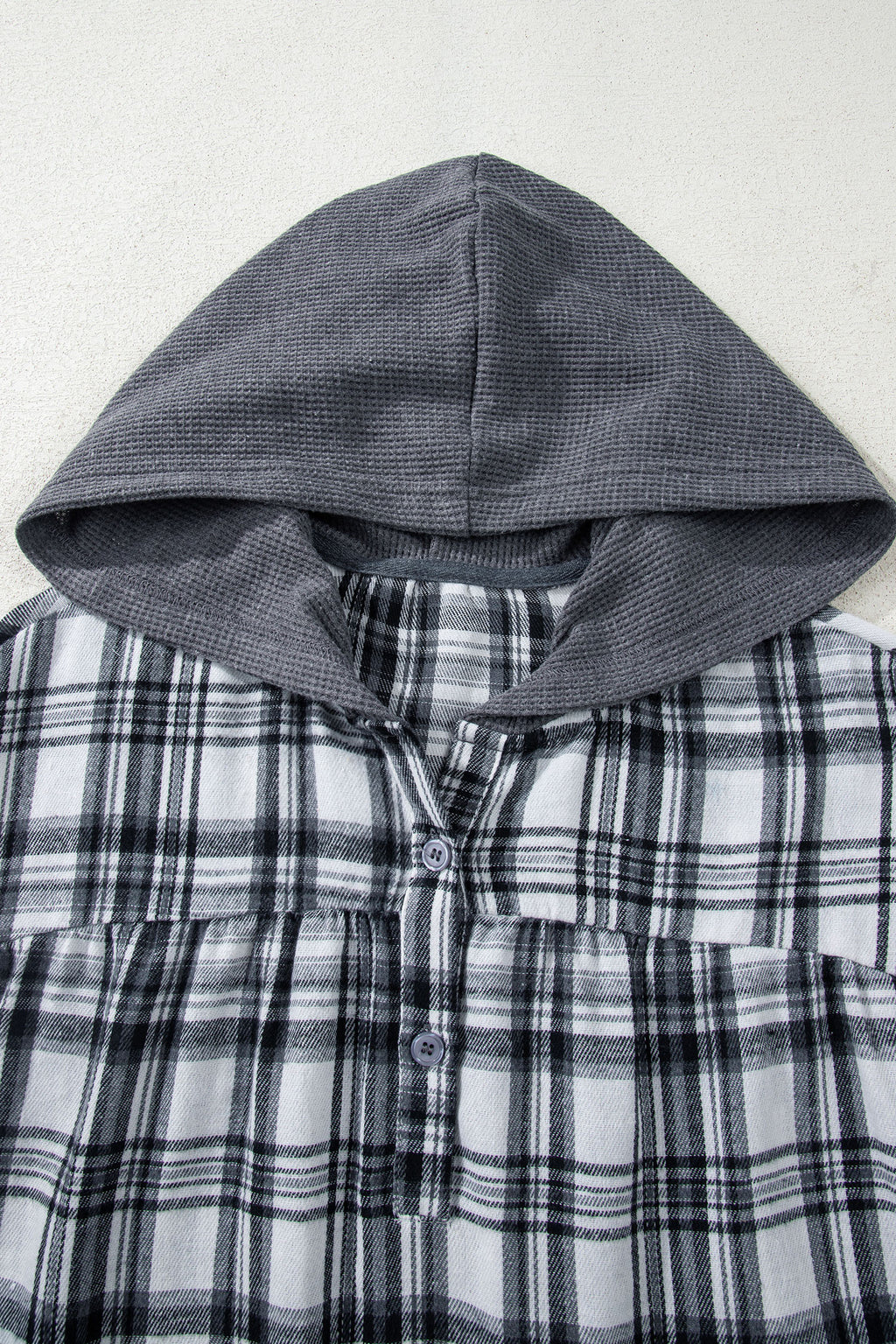 Gray Plaid Patchwork Long Sleeve Button Hooded Blouse