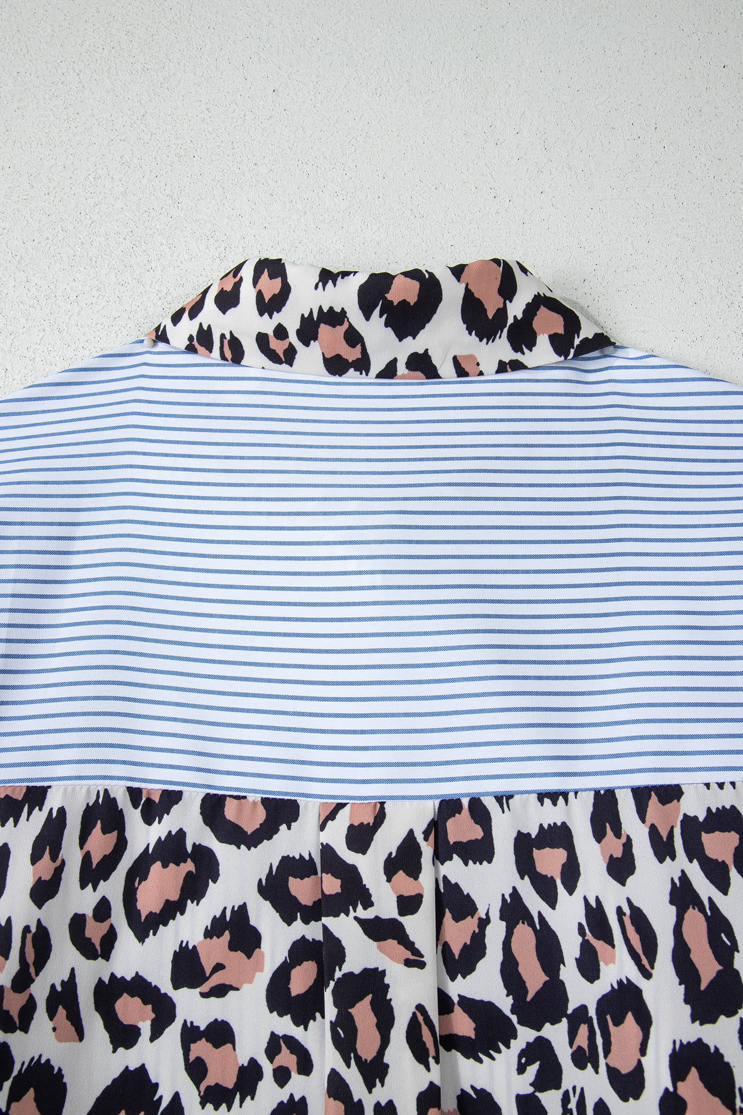 Sky Blue Stripe Colorblock Leopard Patchwork Chest Pocket Cuffed Sleeve Shirt