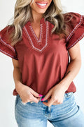 Clay Contrast Trim Flutter Sleeve V Neck Blouse