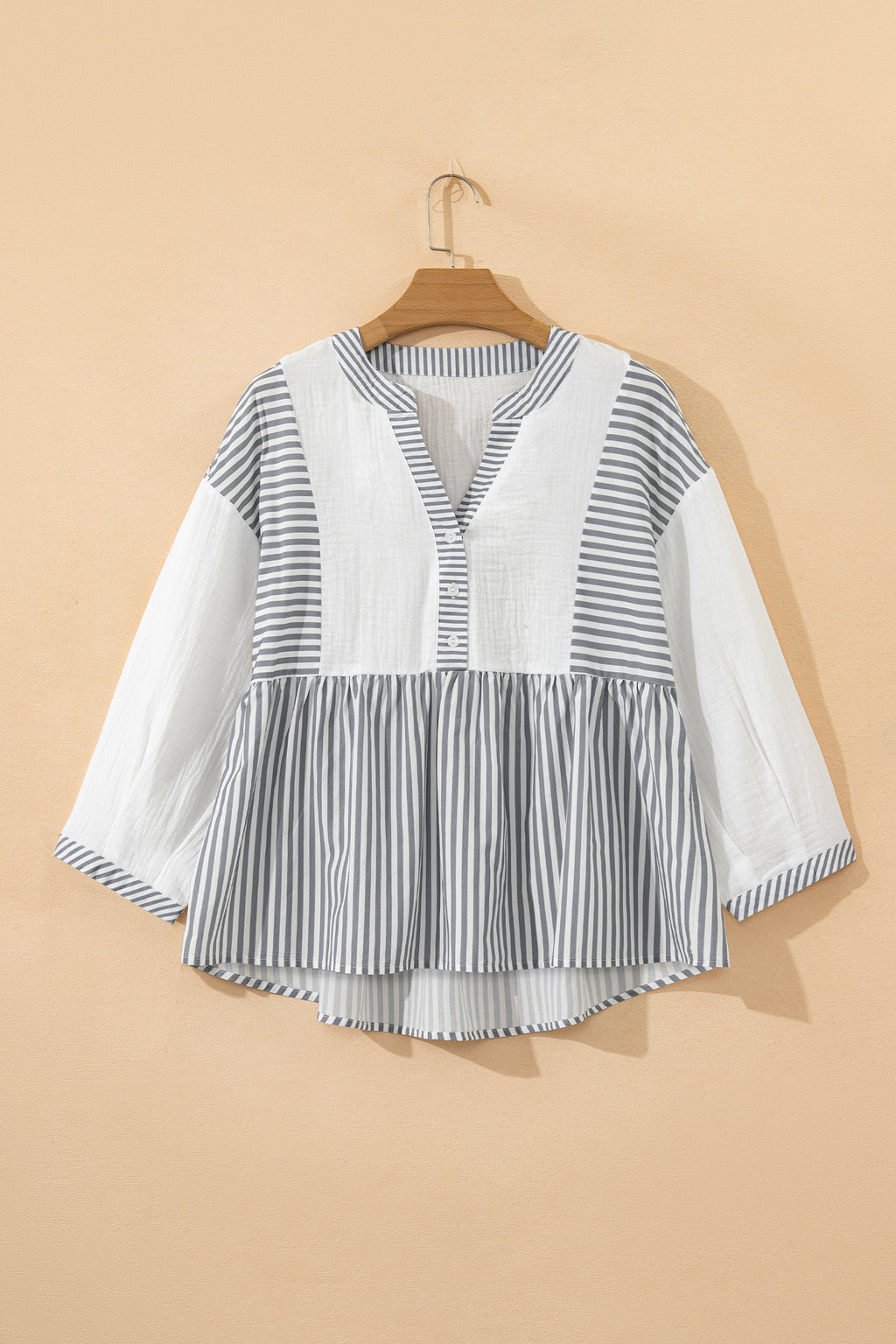 Gray Stripe Half Button Gauze Patchwork Bracelet Sleeve Babydoll Blouse
