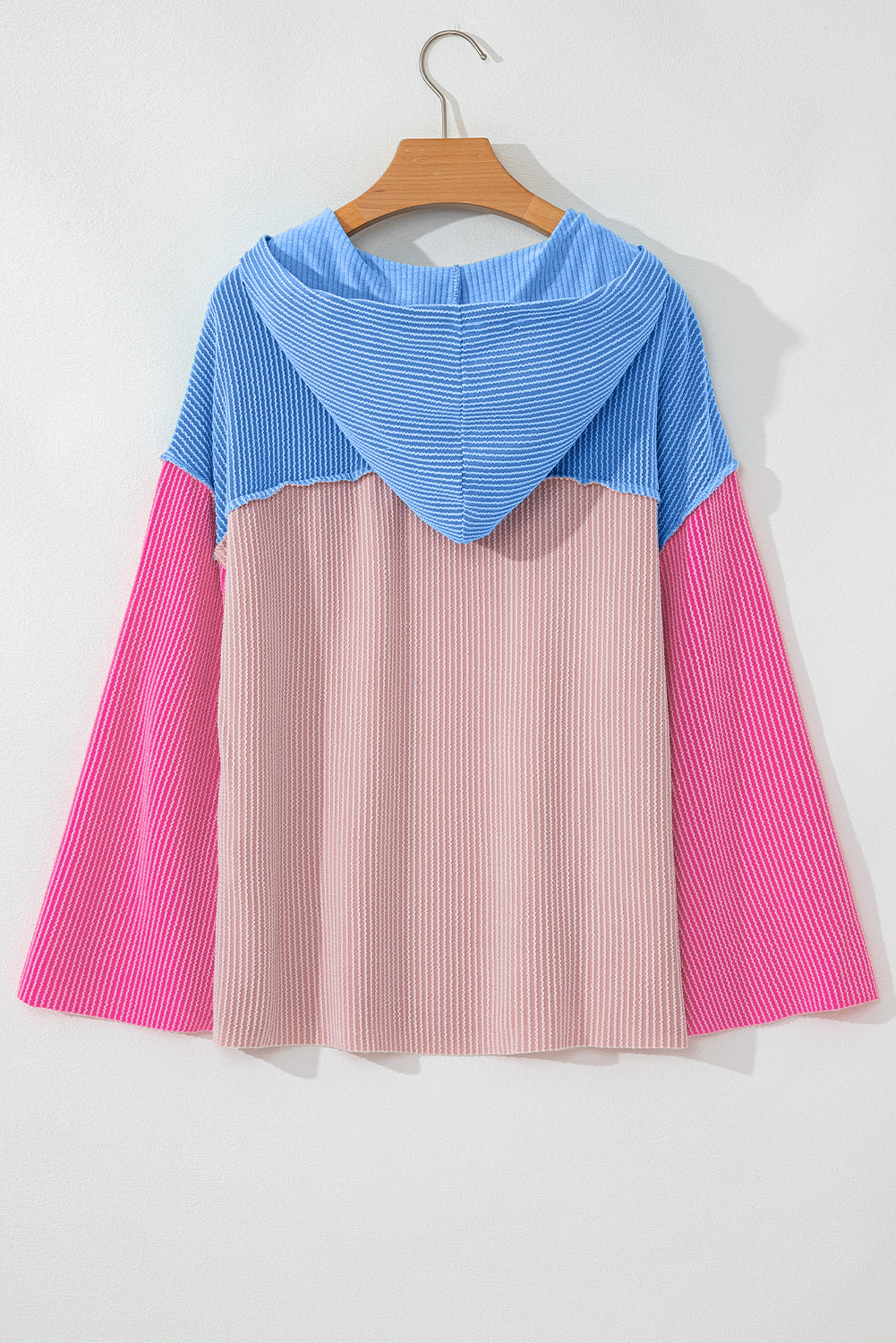 Pink Color Block Patchwork Corded Knit Loose Fit Hooded Blouse