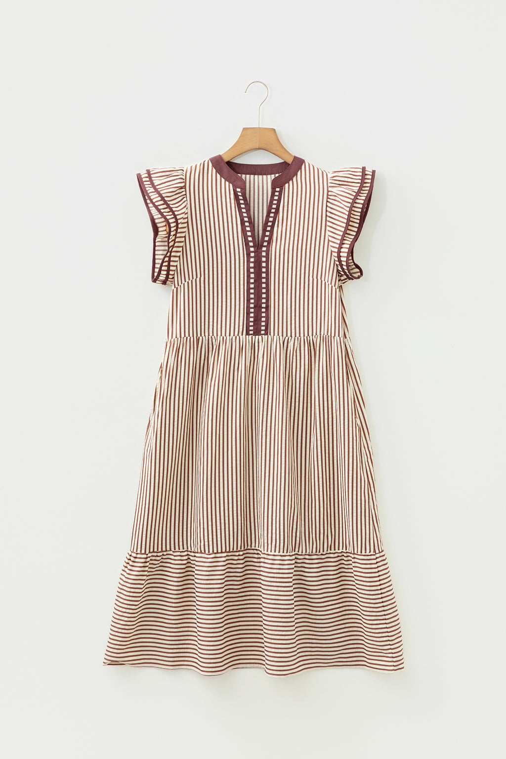 Brown Stripe Double Ruffled Short Sleeve Contrast Trim V Neck Midi Dress