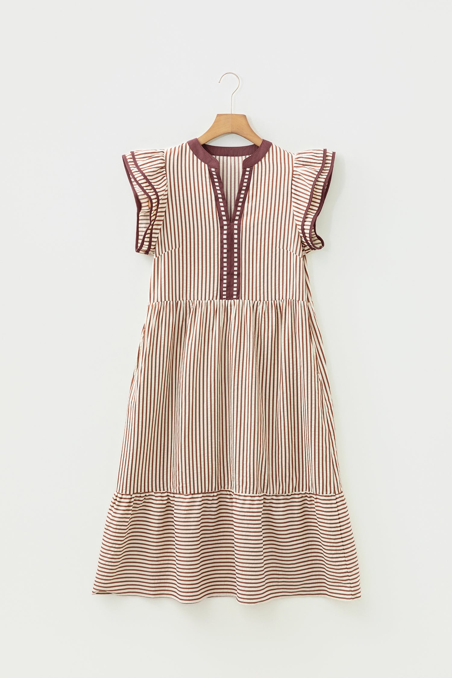 Brown Stripe Double Ruffled Short Sleeve Contrast Trim V Neck Midi Dress