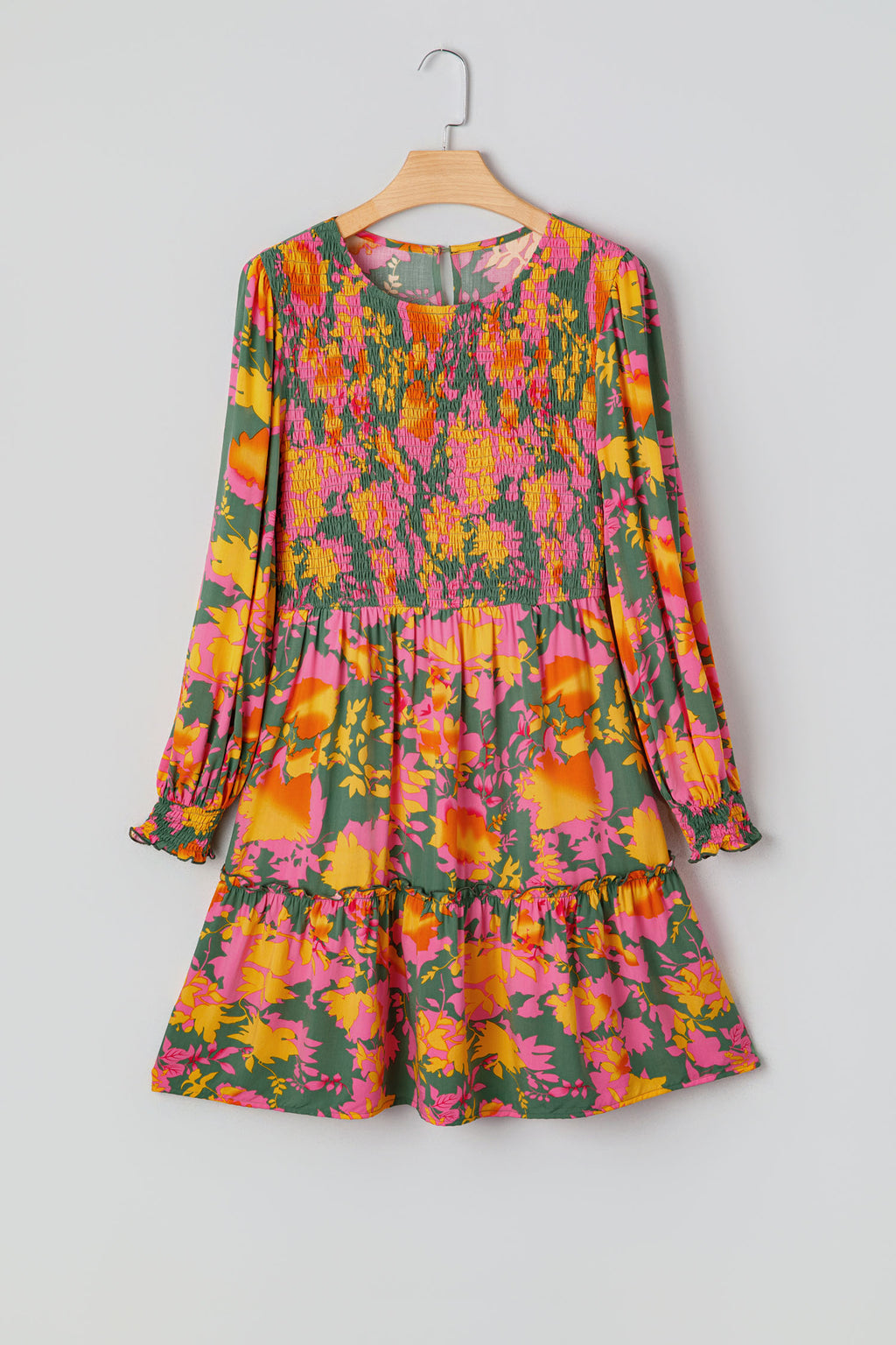 Multicolour Floral Print Long Sleeve Smocked Ruffled Mini Dress