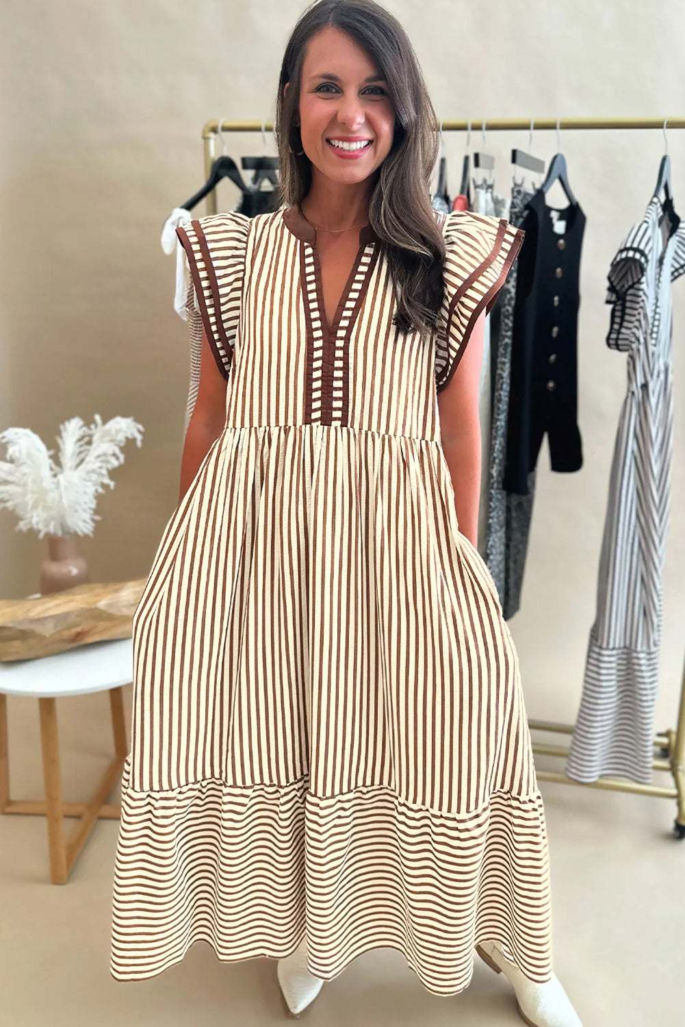Brown Stripe Double Ruffled Short Sleeve Contrast Trim V Neck Midi Dress