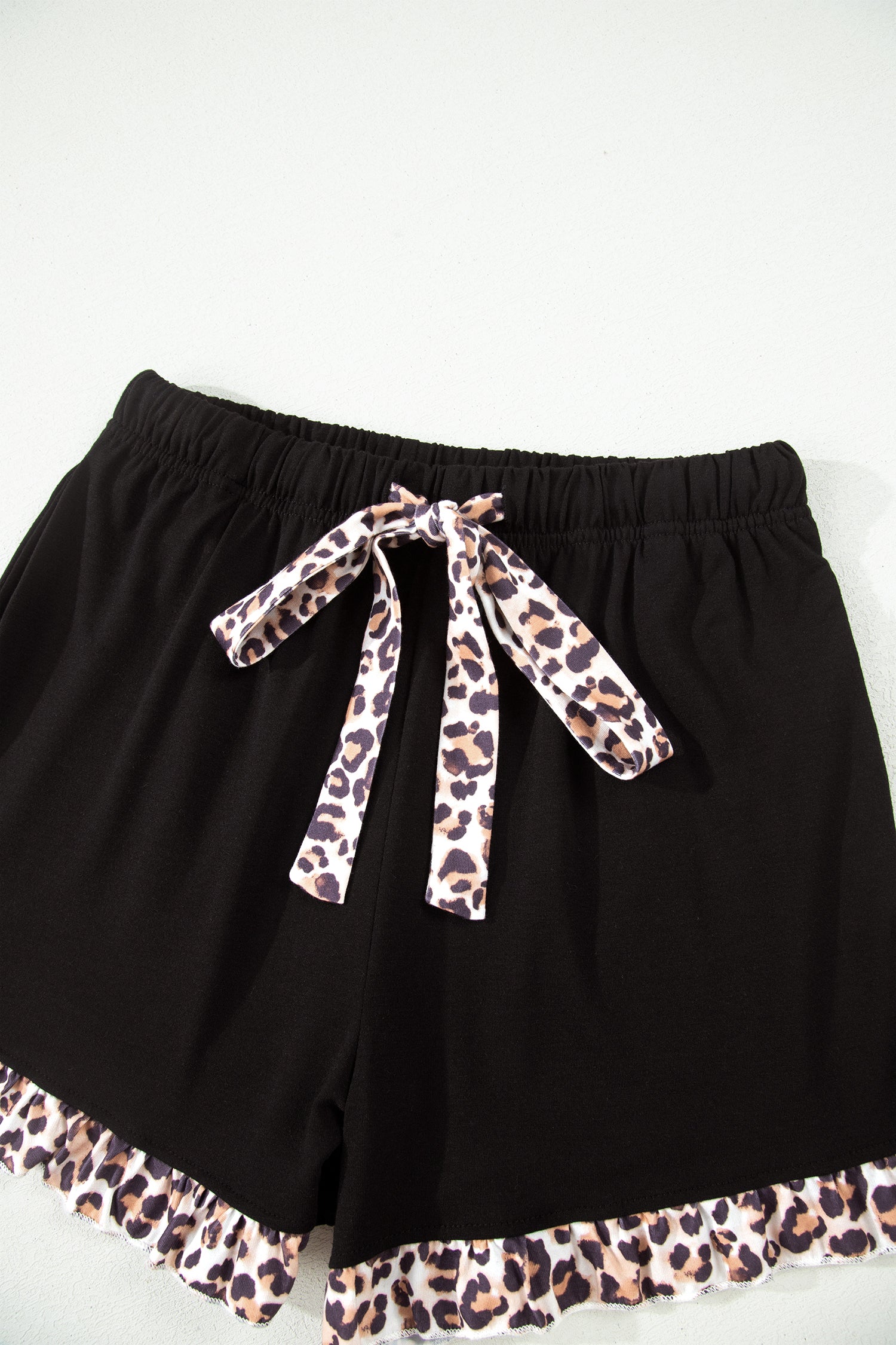 Black Leopard Patchwork Trim Lapel Shirt Drawstring Shorts 2pcs Pajama Set