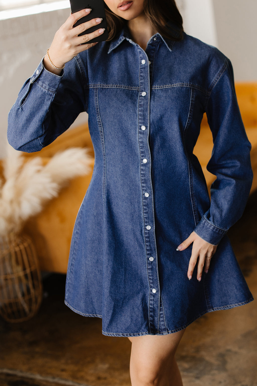 Ashleigh Blue Denim Shirt Collar Long Sleeve Flared Mini Dress