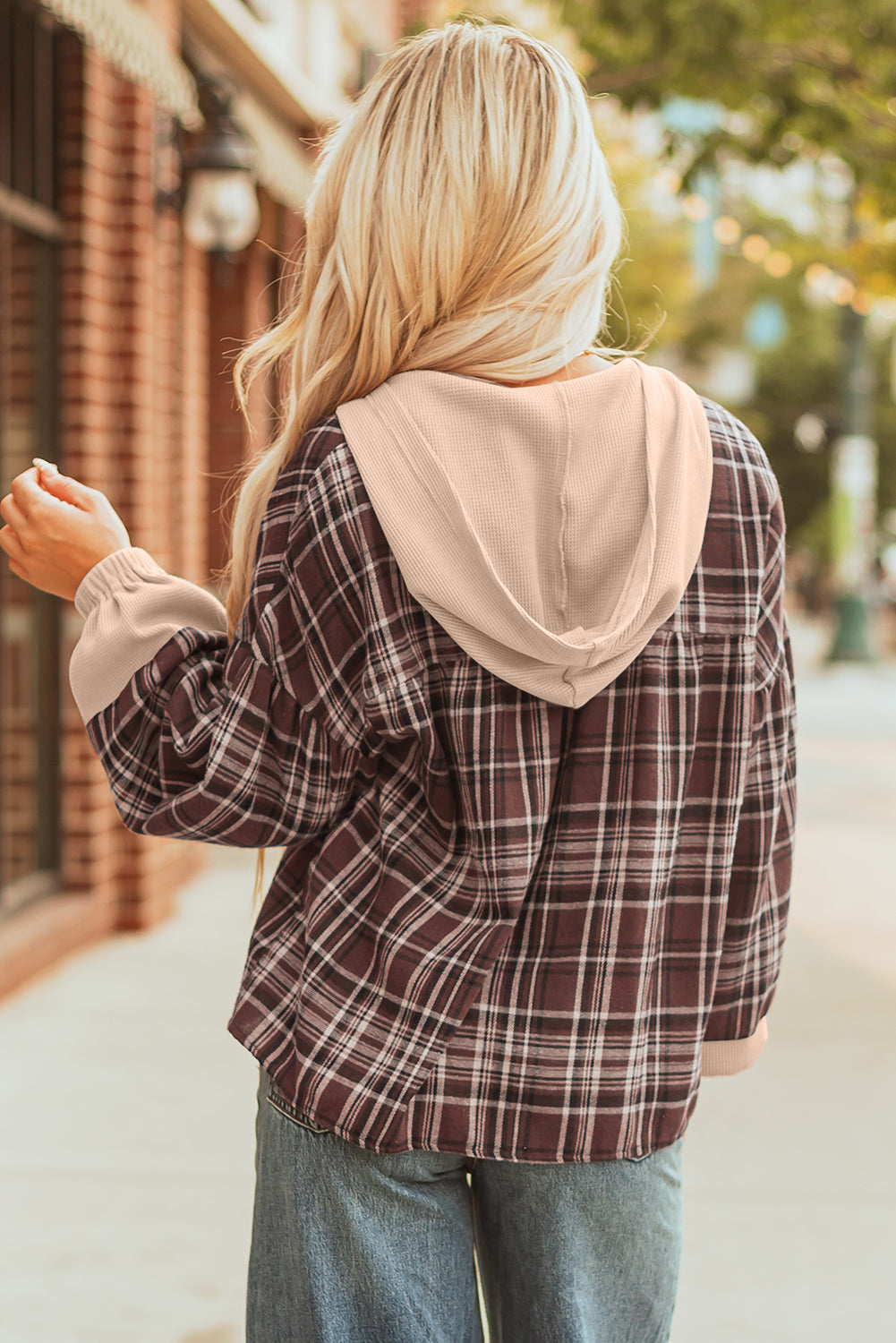 Brown Plaid Patchwork Long Sleeve Button Hooded Blouse