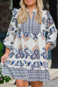 Sky Blue Plus Size Boho Print Split Neck Long Sleeve Mini Dress