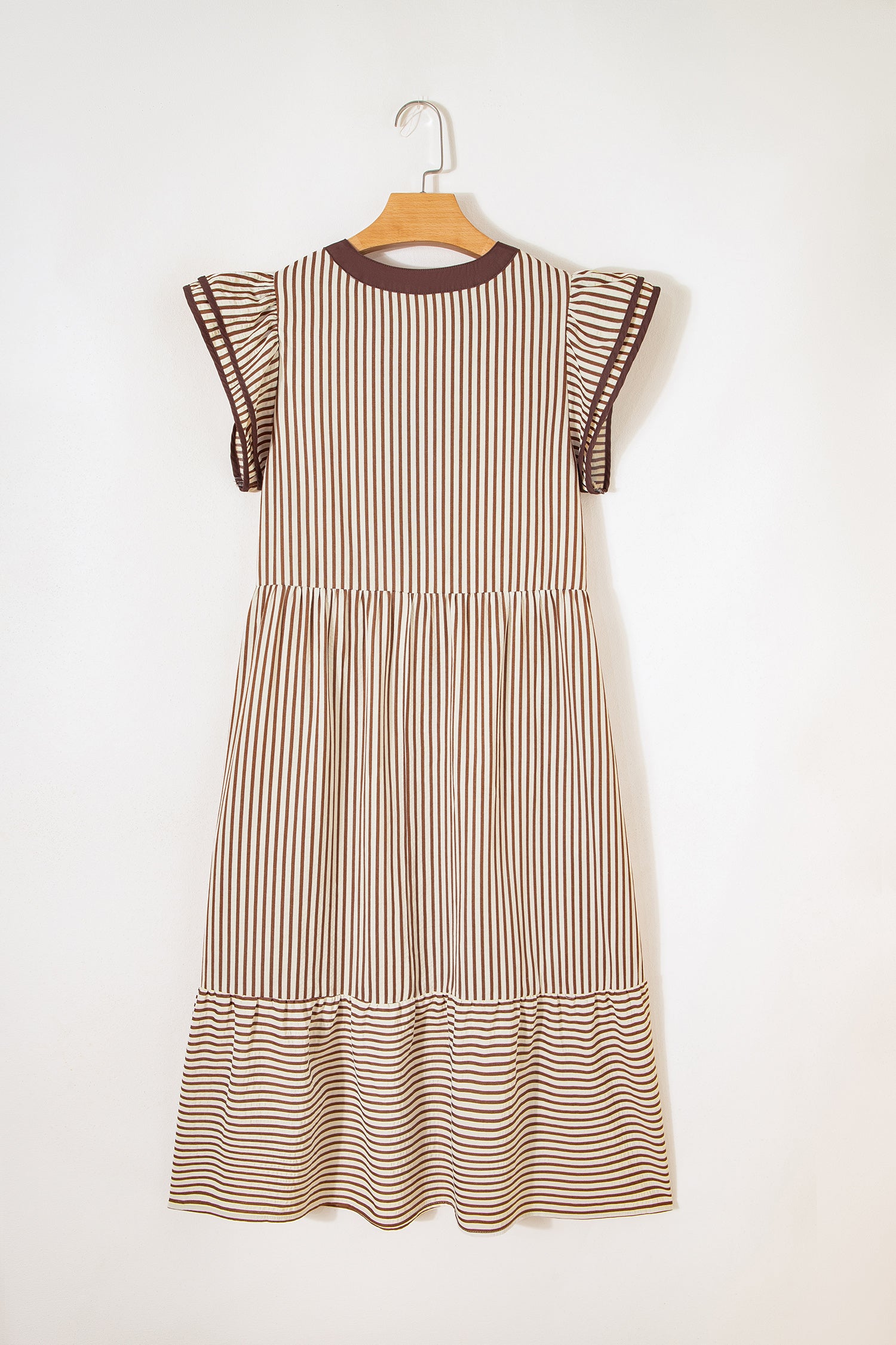 Brown Stripe Double Ruffled Short Sleeve Contrast Trim V Neck Midi Dress