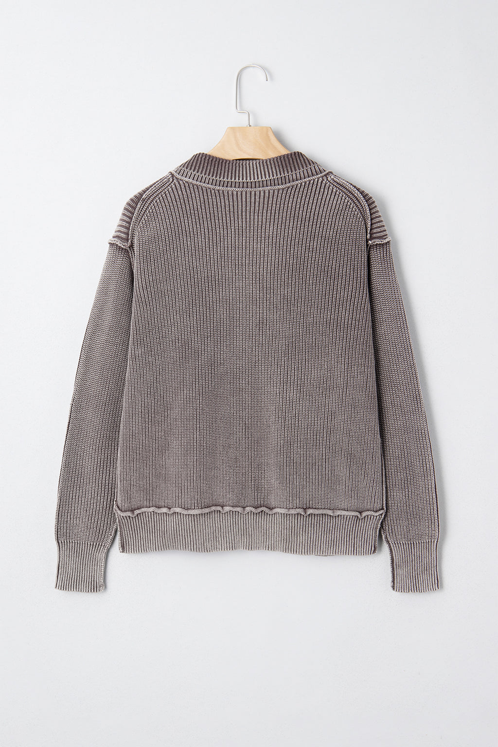 Dark Brown Mineral Wash Exposed Seam Patchwork Knit Open Sweater Cardigan