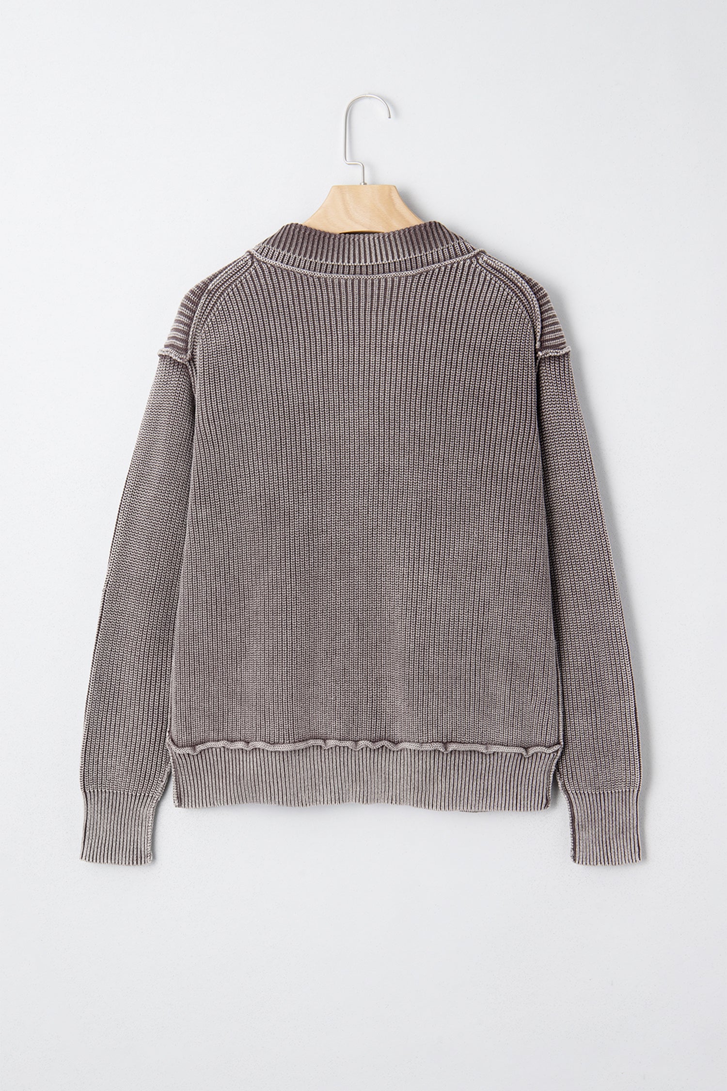 Dark Brown Mineral Wash Exposed Seam Patchwork Knit Open Sweater Cardigan