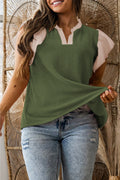 Vineyard Green Plus Size Contrast Frilled Neckline Ruffled Short Sleeve Ribbed Textured Blouse
